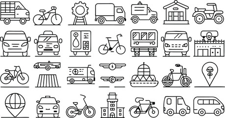 Transport icon set. Linear icon collection, Editable stroke, Vector illustration.