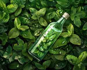 green leaves in clear glass bottle on lush foliage background eco-friendly concept