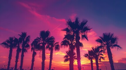 Palm trees silhouettes at colorful sunset background, gradient sunset palm trees wallpaper