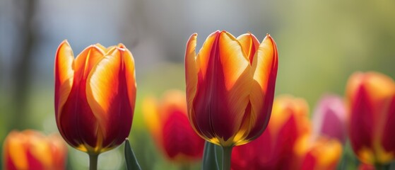 Fototapeta premium red tulips are in a field of green grass