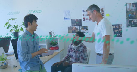 Image of data processing over three diverse men discussing together at office