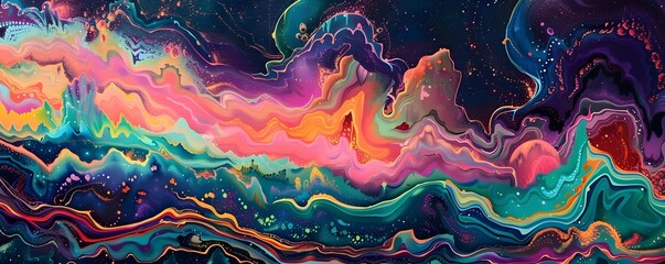 Vibrant Psychedelic Landscape Painting with MindBending Neon Waves and Volcanic Motifs in a Surreal Dream Vision