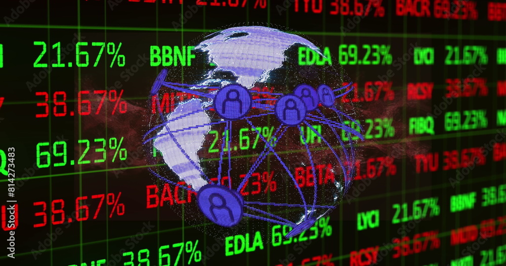 Poster image of connected icons around globe over trading board against abstract pattern in background