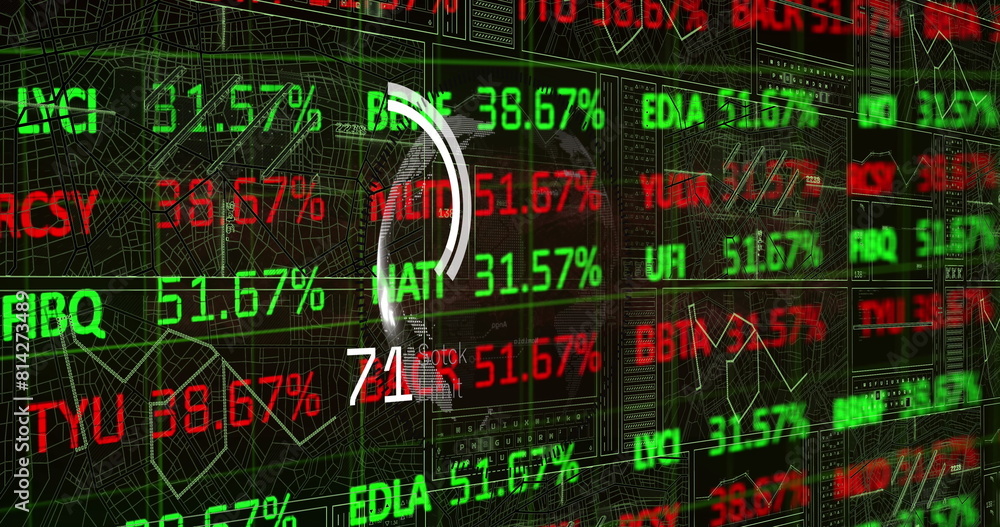 Poster image of financial data processing and globe on black background