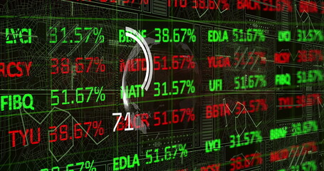 Image of financial data processing and globe on black background