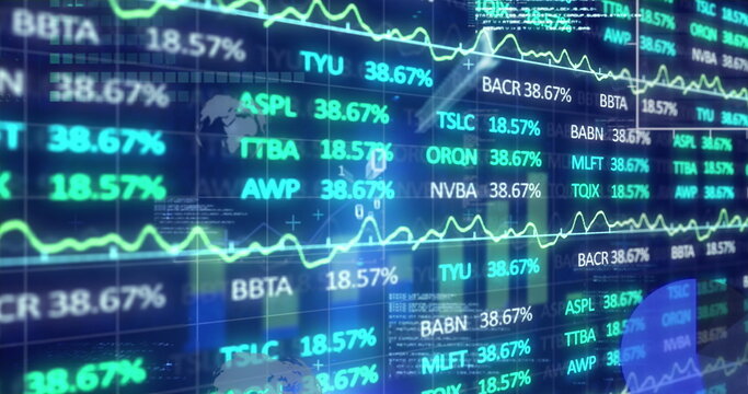 Image of trading board and binary codes over graphs, globe and computer language in background