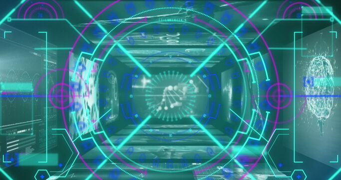 Image of neon round scanner and interface against screens with medical data processing