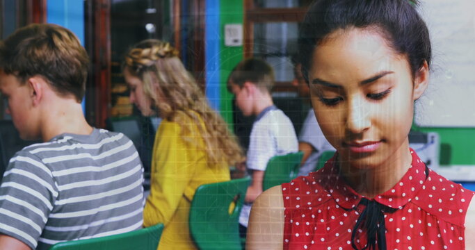 Image of data processing over biracial girl using digital tablet and smiling at school