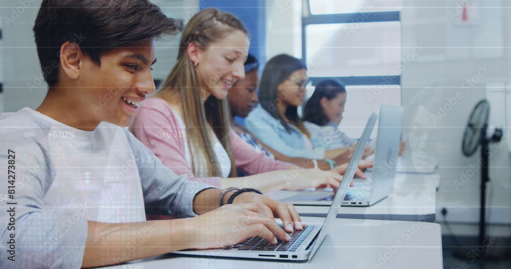 Aufkleber image of data processing against group of diverse students using laptop at school