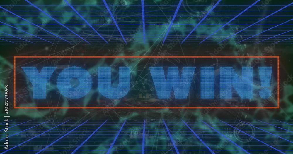 Poster image of you win text banner and network of connections over grid network on black background