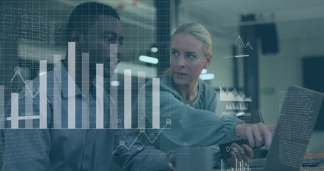 Image of data processing over diverse man and woman discussing over laptop at office