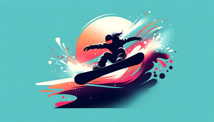 Naklejka premium Extreme sports illustration, digital vector snowboarding adventure Wallpaper 4K Background Generative AI