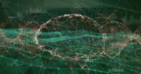 Image of network of connections against spinning human brain icon and digital wave