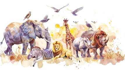 Common Safari Animals gathered together on a white background