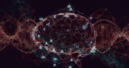 Image of network of digital icons over spinning human brain icon and digital wave