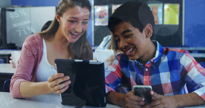 Image of data processing over diverse girl and boy using digital tablet together at school