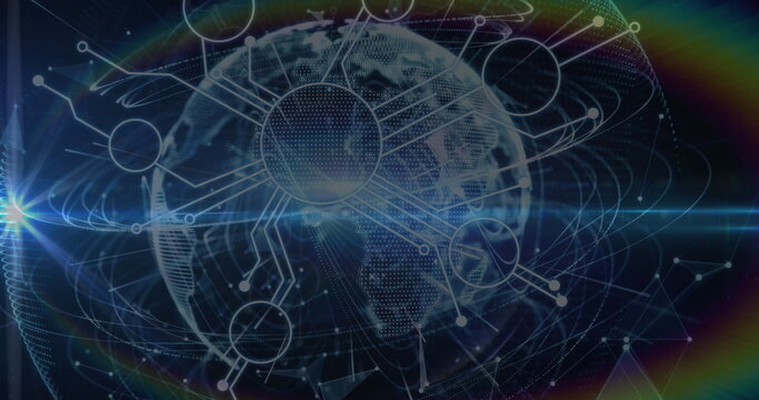 Image of rainbow lens flare, microprocessor connections and light trails over a globe - Powered by Adobe