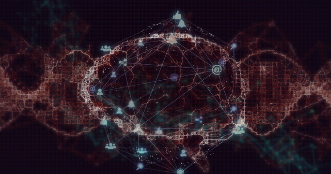 Image of network of digital icons over spinning human brain icon and digital wave