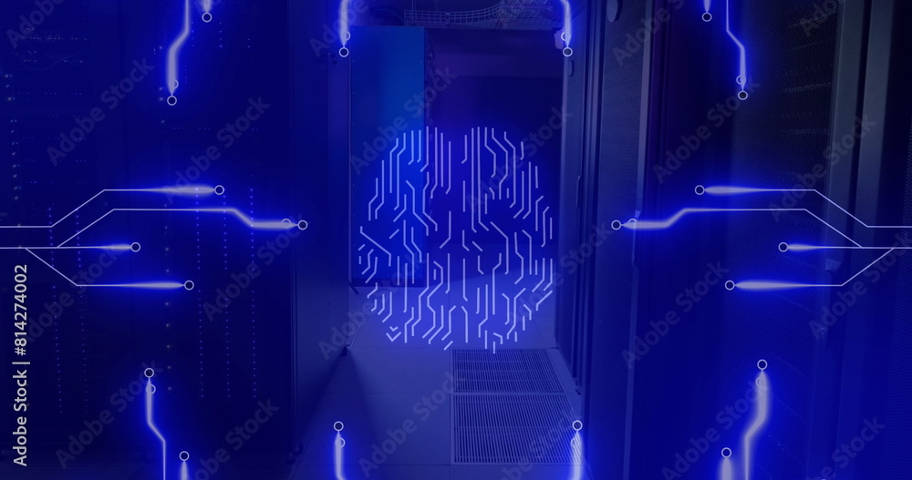 Poster image of circuit board pattern around brain against server room in background