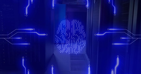 Image of circuit board pattern around brain against server room in background