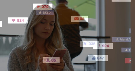 Image of social media data processing over caucasian woman using smartphone