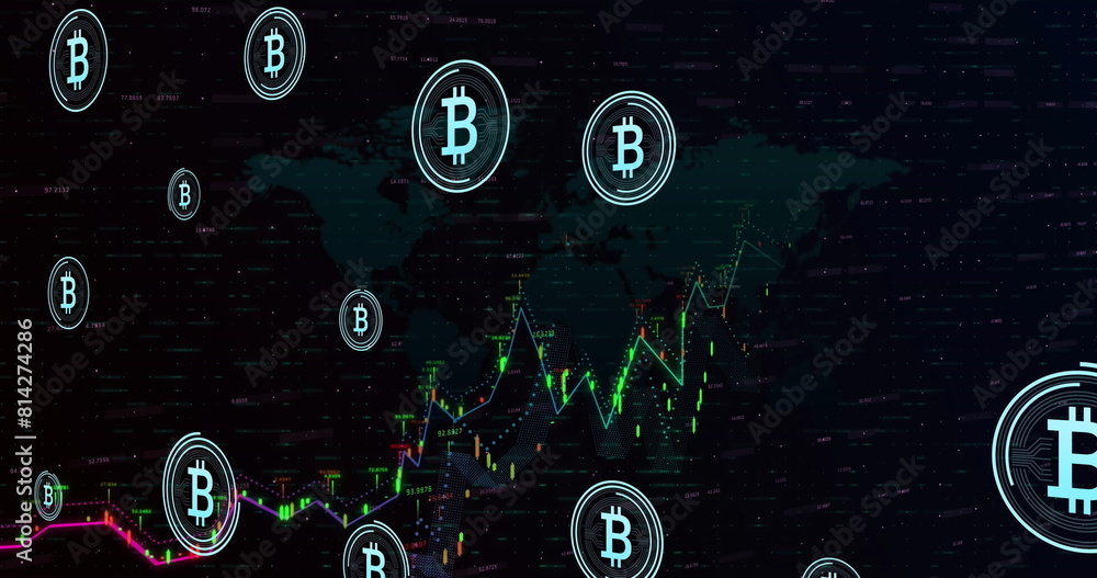 Poster image of bitcoin symbols over financial data processing against world map