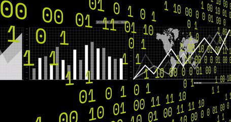 Image of binary coding over statistical data processing against black background