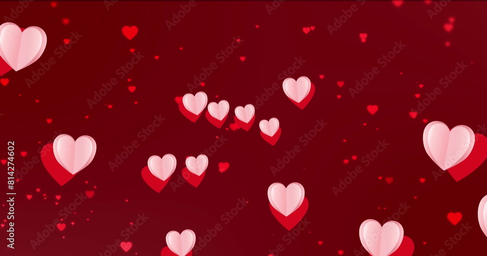 Poster image of pink heart icons floating against copy space on red background