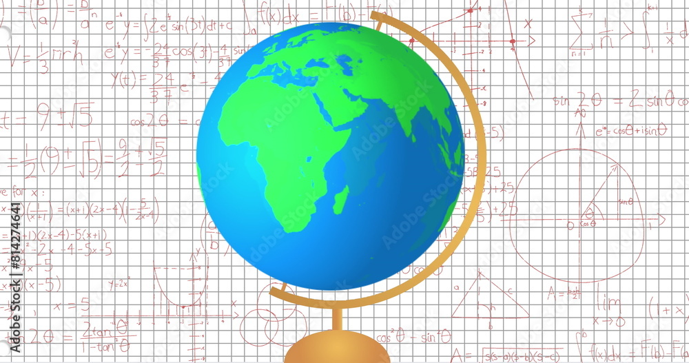 Aufkleber image of globe model icon and mathematical equations against square lined paper background