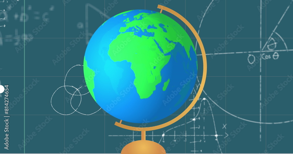 Aufkleber image of globe model icon and mathematical equations on grid network against blue background