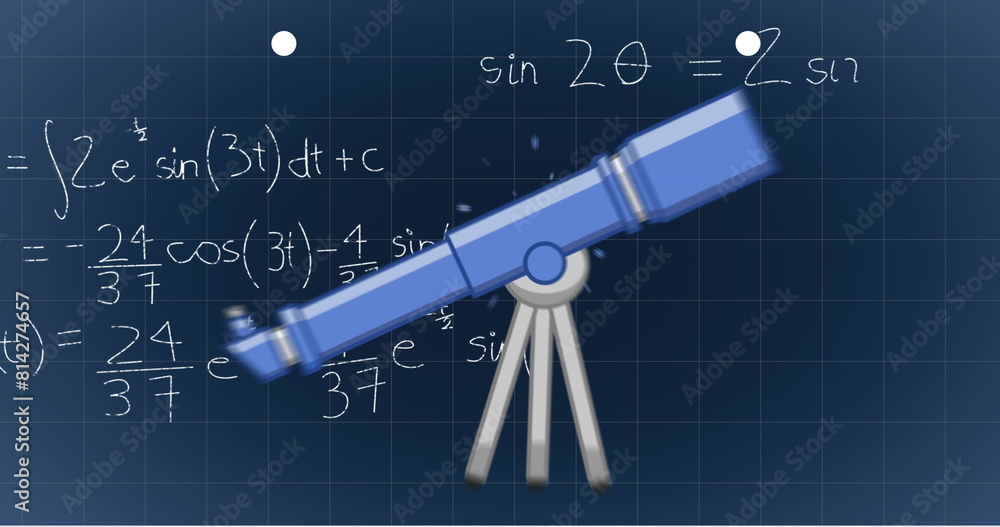 Poster image of mathematical equations over telescope icon on grid network against blue background