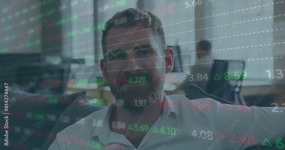 Poster image of stock market data processing and sqaure shapes over caucasian man smiling at office