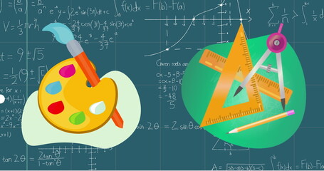 Image of geometric equipment and color palette icon against mathematical equations