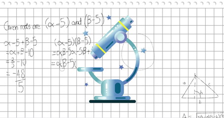 Image of mathematical equations over telescope icon against square lined paper background
