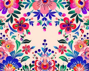 Naklejka premium Frame made of colorful flowers on pastel pink background. Mexican traditional folk art border pattern. Cinco de Mayo celebration concept. Greeting card with place for text.