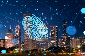 Chicago downtown skyline with a blue fingerprint hologram overlay. Night cityscape with digital...