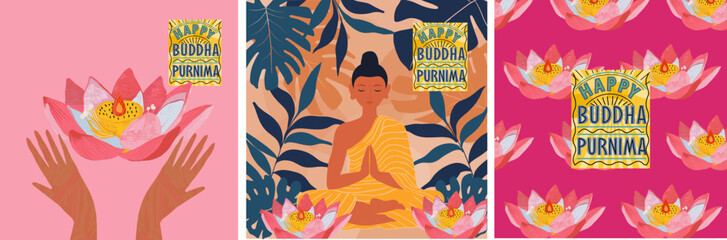 Happy Buddha Purnima! Happy Vesak day! Vector illustration of buddha, meditation, hands, lotus flower with candle, logo and pattern for greeting card, poster, postcard, flyer, invitation or background
