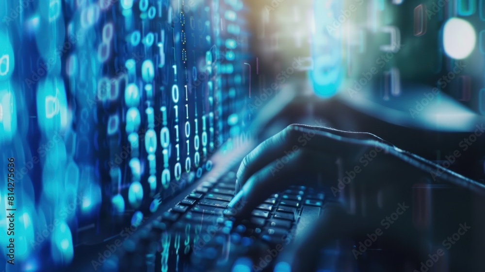 Poster hands typing on computer keyboard, with abstract code, online cyber attack, hack, threats and breach