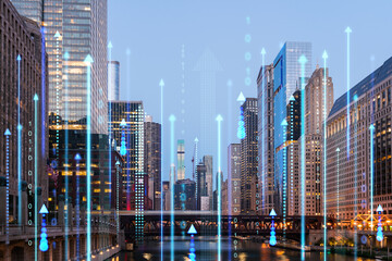 Chicago skyline with added digital hologram displaying arrows and binary code. Light, blue and...
