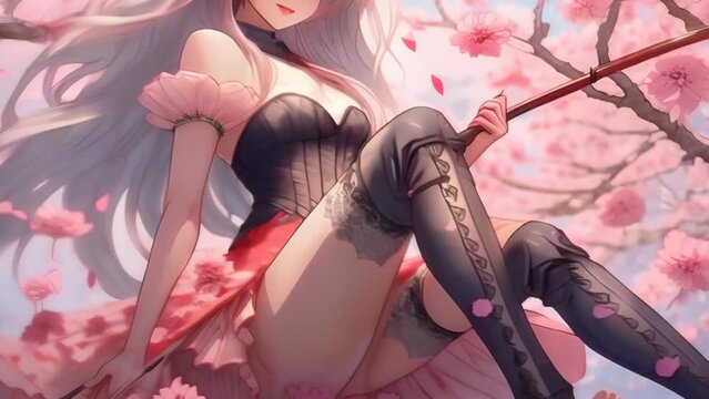 A young anime girl with long silver hair and a delicate pink dress sits amidst blooming cherry blossom trees. She is wearing black thigh-high stockings adorned with floral patterns.