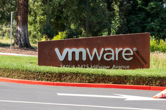 VMware ground sign at the headquarters in Silicon Valley, Palo Alto, California, USA - June 8, 2023. VMware, Inc. is an American cloud computing and virtualization technology company. 
