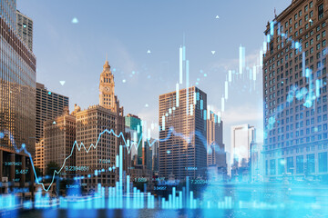 Chicago cityscape with holographic stock market data overlay, futuristic technological and...