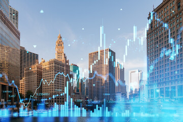 Chicago cityscape with holographic stock market data overlay, futuristic technological and financial concept on a light background. Double exposure
