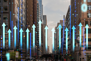 Urban scene overlaid with glowing blue arrows and binary code, representing a future technology concept on a cityscape background. Double exposure