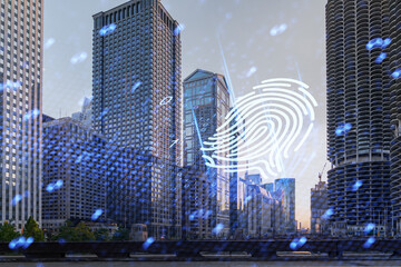Obraz premium Cityscape with a hologram fingerprint overlay, photo manipulation, urban blue twilight background, security and technology concept. Double exposure