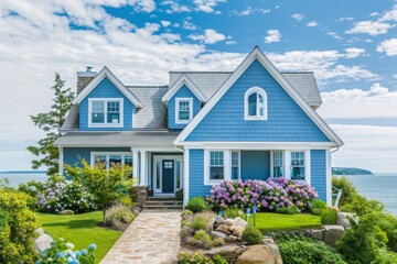 Charming Blue Cape Cod Style House with Ocean Background