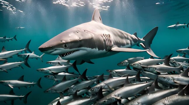 Le requin en train de chasser dans un banc de sardine en plein ocean