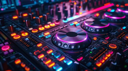 Obraz premium A digital DJ mixing console interface with vibrant waveforms, sliders, and tactile control elements on a touchscreen