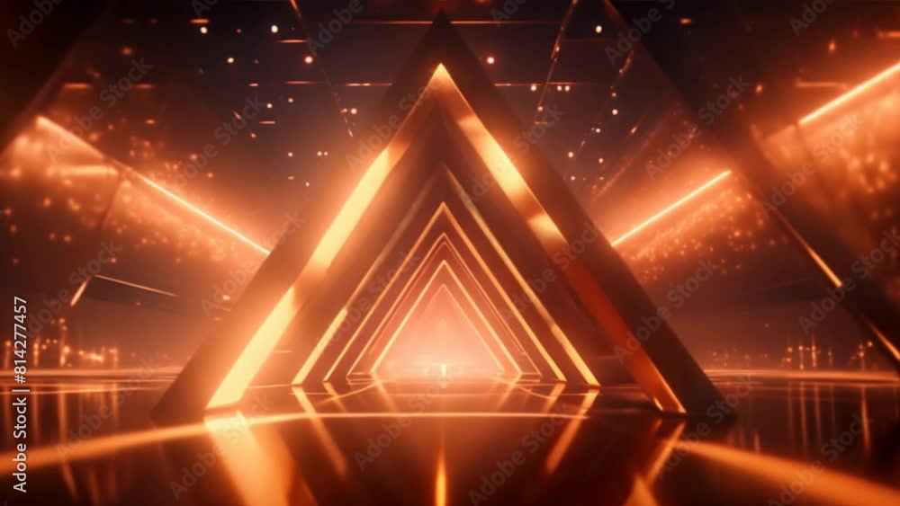 Poster music background,vj loop of a neon triangle tunnel pulsating with vibrant colors,