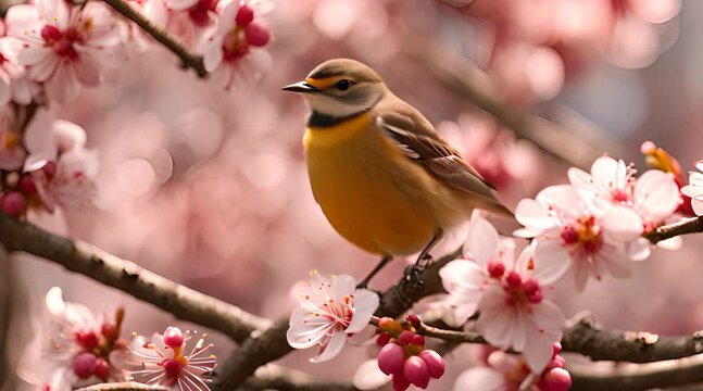 petit oiseau au printemps dans les arbres fruitiers en fleurs